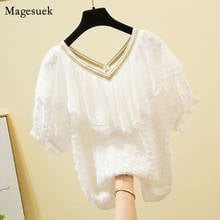 Elegant L-4XL Summer Women Blouse  2021 Fashion V-neck Ruffles Blouses Loose Tops Mesh Lace White Chiffon Shirts Clothing14208 2024 - buy cheap