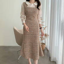 Vestido de sereia tweed moda coreana chique outono inverno mulheres sem mangas xadrez gola quadrada de lã babados bodycon vestidos longos 2024 - compre barato