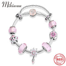 Abalorio de Plata de Ley 925 con floración poética, pulsera con acabado de corazón, CZ, cadena de seguridad, cuentas de flores esmaltadas, pulseras de la amistad, joyería 2024 - compra barato