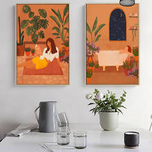 Pintura abstrata de parede de laranja queimada, tela de aquecimento, minimalista, planta, lady in banho, cartazes, decoração plantas sem moldura 2024 - compre barato