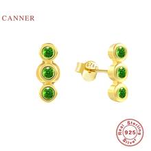 CANNER Real 925 Sterling Silver Earrings For Women Single Row Three Turquoise Stud Earrings Zircon Diamond Pendientes Jewelry 2024 - compre barato