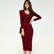 Vestido feminino outono inverno de malha decote v sensual slim elástico long vestido longo de malha quente vestidos suéter 2024 - compre barato