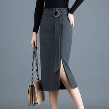 Falda negra de cintura alta para mujer, de lana con Falda larga abertura lateral, elegante y cálida, AA5178, Otoño e Invierno 2024 - compra barato