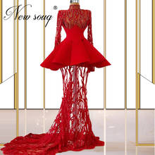 Red Beading Illusion Evening Dresses 2021 Customized Long Prom Dresses Plus Size Arabic Party Gowns Robes De Soiree Prom Dress 2024 - buy cheap