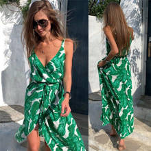 Vestido de verano sin mangas con estampado de hojas para mujer, traje bohemio informal para playa, cuello de pico, 2020 2024 - compra barato