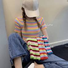 Camisa listrada verão estilo coreano magro ajuste manga curta o pescoço doce de malha camiseta topos 2024 - compre barato