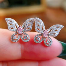 Dainty Female Crystal Butterfly Stud Earrings Charm Silver Color Small Earrings For Women Vintage Pink Zircon Wedding Earrings 2024 - buy cheap