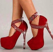 Minan ser sapatos de salto alto de camurça diamante vermelho (preto) moda ser com fivela decorada de 16 cm, quatro sapatos de salto alto femininos. Tamanho: 35-43 2024 - compre barato