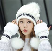 Hotsale Girls Thicken Ski Snow Cap New Fashion Fur PomPoms Winter Women Beanie Hats Female Skullies Warm Gloves + Knit Hat Set 2024 - buy cheap