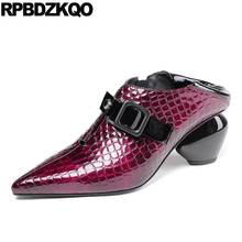 Plus Size Genuine Leather Wine Red Metal Snakeskin Black Closed Toe High Heels Patent Shoes Women Pointed Pumps Chunky 10 42 2024 - buy cheap