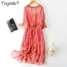 Tcyeek-Vestido largo de seda auténtica para mujer, ropa Vintage Floral para fiesta en la playa, elegante, color rojo, primavera y verano, 2020, 100% 2024 - compra barato