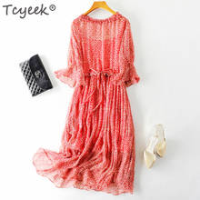 Tcyeek 2020 New Summer Spring 100% Real Silk Dress Women Vintage Floral Long Beach Party Dresses Bohe Red Elegant Vestidos 98007 2024 - buy cheap