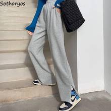Calças casuais femininas estilo coreano, calças de boca larga com fenda de cintura alta, estilo coreano, moda chique 2024 - compre barato