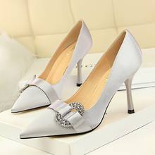 2021 autumn new stilettos women's wedding shoes satin shallow mouth pointed sexy banquet rhinestone buckle fashion single shoes 2024 - buy cheap