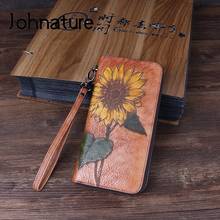 Johnature-cartera de cuero genuino pintada a mano para mujer, cartera de mano grande de cuero de vaca, Vintage, portatarjetas, 2021 2024 - compra barato