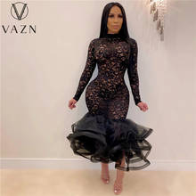 VAZN-vestido negro de sirena para primavera 2021, vestido elegante de cuello alto, manga larga, encaje abierto, cintura alta, Midi 2024 - compra barato