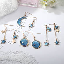 Pendientes de chica japonesa y coreana con corazón azul y estrellas, pendientes pequeños y frescos de red roja, pendientes largos asimétricos de borla femenina 2024 - compra barato