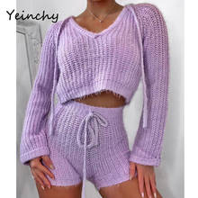 Yeinchy women fashion V neck long sleeve ladies lace-up two pcs top and short sweater autumn winter set outfit FM6218 2024 - buy cheap