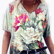 Camiseta Vintage de verano para mujer, Top de manga corta con flores de colores, Camiseta estampada con cuello en V, camiseta oversize para mujer @ 40 2024 - compra barato