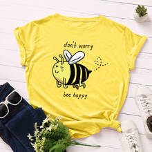 Camiseta de verão de 100% algodão, feminina, tamanho grande, desenho animado, amarelo, abelha, camisa, estampa de letras, tops harajuku 2024 - compre barato