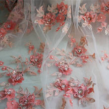Tecido coral 3d de renda com pérolas, tecido da moda com aplique bordado em 3d de flores com contas, tecido para vestido de noiva 2020 2024 - compre barato