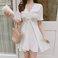 #1909 Pink White Blue Chiffon Dress Women Sexy V Neck Mini Dress Short Sleeves Drawstring V Neck Cute Short Party Dress Summer 2024 - buy cheap