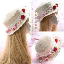 Handmade Lolita hand made Mori pastoral soft sister bow dress daily strawberry shade straw hat 2024 - buy cheap