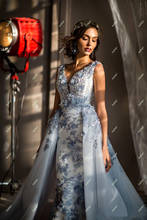 Silver Grey 3D Flowers Evening Dresses Prom Saudi Arabric Robe De Soiree Celebrity Vestidos Fiesta Detachable Train  Engagement 2024 - buy cheap