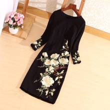 High quality black dress for women autumn & winter O-neck embroidery slim lady A-line floral plus size casual dresses M-4XL 2024 - buy cheap