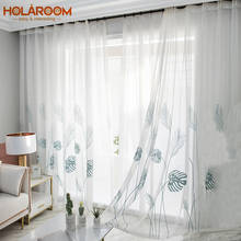 White Yarn Curtain Window Tulle Curtains For Living Room Kitchen Window Treatments Voile Blue/White Palm Leaves Printed Curtain 2024 - buy cheap