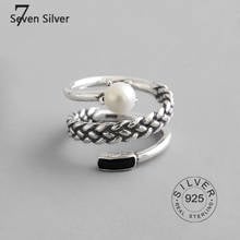 Real 925 sterling silver rings for women pearl chain black zircon Trendy fine Jewelry Large Adjustable Antique Rings Anillos 2024 - buy cheap