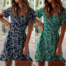 2022 New Summer Dress Women V-neck Printed High Waist Chiffon Short Sleeve A-line Ladies Dress Female Clothes Vestidos 2024 - buy cheap