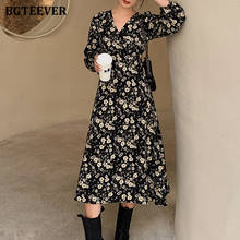BGTEEVER-elegante vestido Vintage con cuello en V para mujer, estampado Floral, longitud media, primavera 2021, manga larga, cintura ajustada 2024 - compra barato