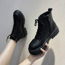 Women Boots Leather Platform Boots Black  Boots Lace Up Ankle Motorcycle Thick Winter Plush Heels Footwear Short Boots 2024 - buy cheap