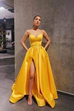 Yellow Satin Strapless Prom Dresses Long High Split Side Sleeveless Formal Evening Party Gowns with Pockets Robes De Soirée 2024 - buy cheap