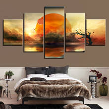 Imagens de lona impressas em hd para decoração, arte de parede para casa, árvore e planetas abstratas da terra, paisagem de sol, pintura modular, emoldurada, 5 peças 2024 - compre barato