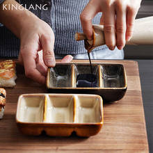 Kinglang criativo cerâmica japonês três grade pires restaurante molho de sushi prato churrasco pires retangular prato de imersão 2024 - compre barato