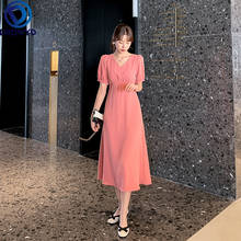 Женское платье средней длины во французском стиле, элегантное розовое платье в Корейском стиле, приталенное офисное платье для работы, женское летнее повседневное шикарное платье 2024 - купить недорого