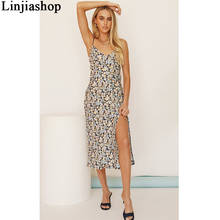 Vestido largo bohemio de gasa para mujer, sexy, estampado floral, speghetti, tirantes, sin mangas, para playa, azul 2024 - compra barato