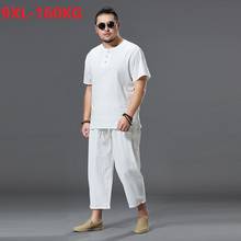 summer Men short sleeve T-shirt and pants linen cotton Chinese style large size 8XL 9XL vintage button Tang suit tees homewear 2024 - buy cheap