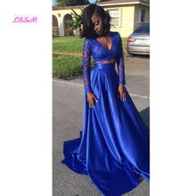 Royal Blue Black Girls Prom Dresses Two Piece Evening Formal Dress Sexy V-Neck Lace Long Sleeve High School Party Prom Gown 2020 2024 - buy cheap