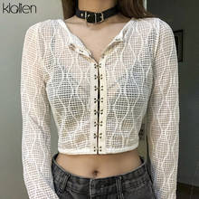 KLALIEN autumn fashion sexy see through Cardigan T-shirt women high street leisure long sleeve solid wild female t shirt 2024 - buy cheap