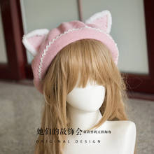 Mori Girl-boinas de Oreja de Gato Lolita para mujer, gorro plano, cálido, Vintage, de lana, para Otoño e Invierno 2024 - compra barato