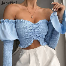 JaneVini 2021 Sexy Summer Blouses Off Shoulder Flare Long Sleeve Women Crop Top Light Blue Drawstring Ruched Casual Solid Shirts 2024 - buy cheap