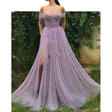 Lavender Muslim Evening Dresses A-line Off The Shoulder Tulle Pearls Slit Dubai Saudi Arabic Long Evening Gown Prom Dress 2024 - buy cheap