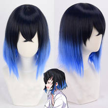Peluca de cabello de alta calidad de Anime Demon Slayer Kimetsu no Yaiba Hashibira Inosuke, Cosplay resistente al calor, ombré, azul corto + gorro de peluca 2024 - compra barato