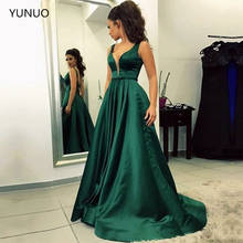 YUNUO A-line Prom Dresses V-Neck Satin Backless Long Formal Evening Gowns Simple Special Occasion Party Dress Emerald Green 2024 - buy cheap