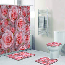 4 pçs conjunto 3d floral cortina de chuveiro para o banheiro rosas rosa realista cortina do banheiro 3d flores banho tapete para toalete cobrir 2024 - compre barato