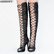 Ashiofu botas femininas de salto alto, com alças cruzadas, peep-toe, outono, sexy, para festa, bota cano alto, para noite, boate da moda 2024 - compre barato