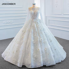 Женское свадебное платье J67183, белое кружевное платье с круглым вырезом, длинными рукавами, жемчужными блестками и цветами, 2020 2024 - купить недорого